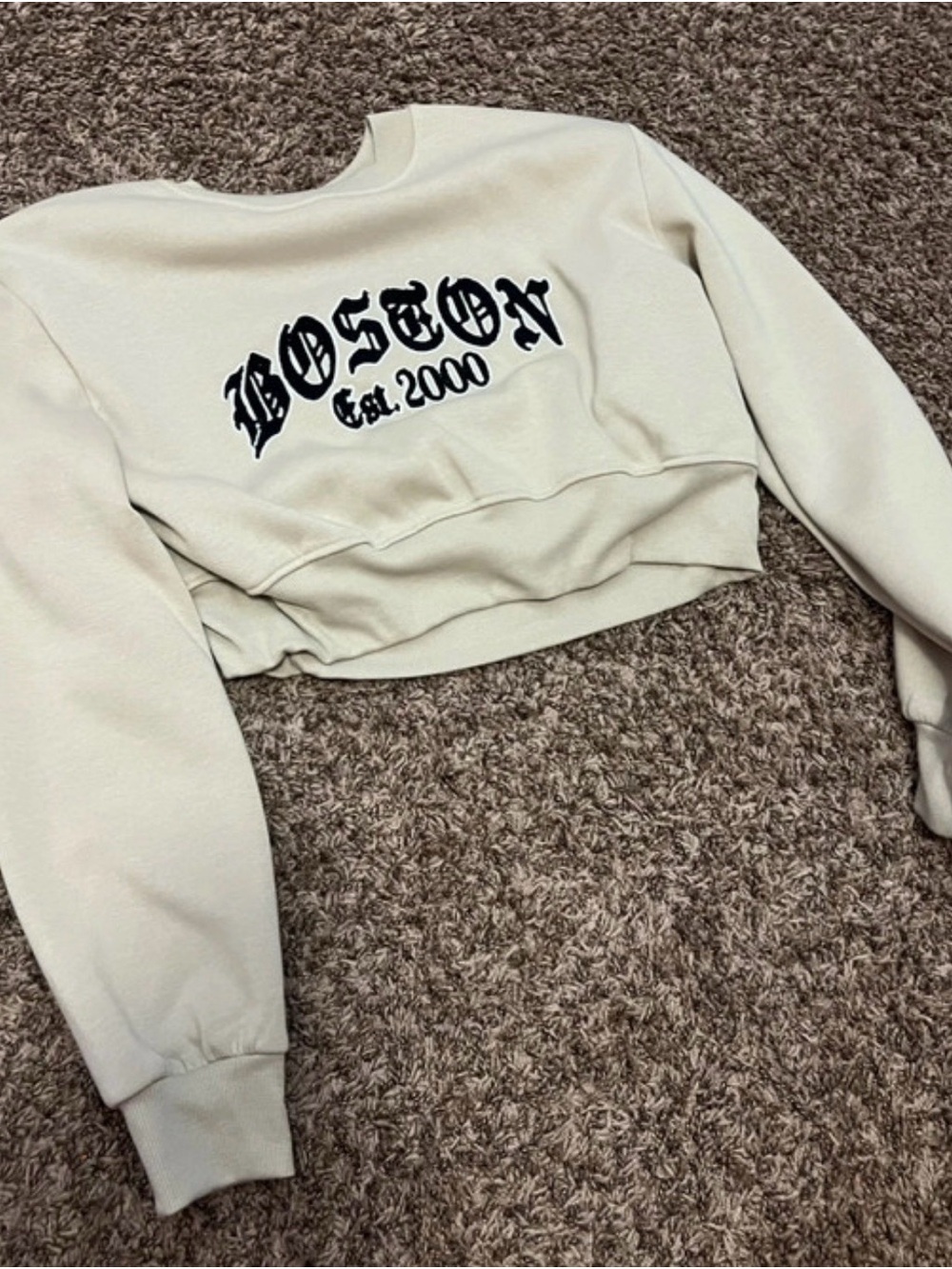 Charlotte Russe Cream Cropped 'Boston Est. 2000' Sweatshirt with Black Lettering